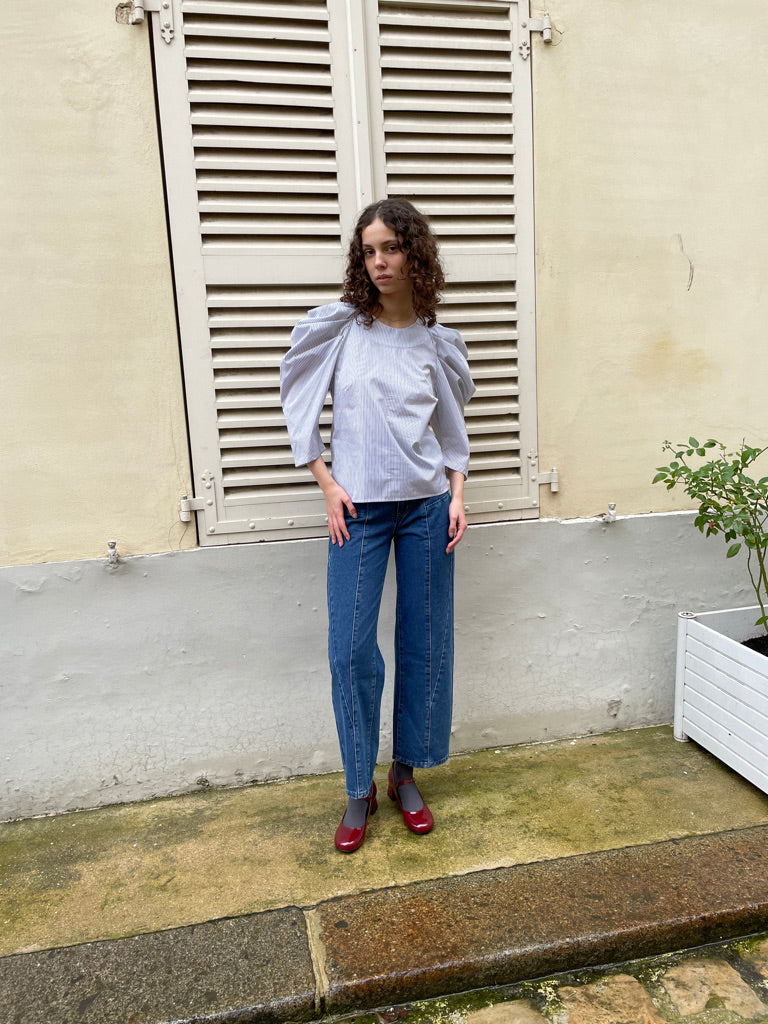 Uma - Pleated Sleeve Top-B & W Stripe