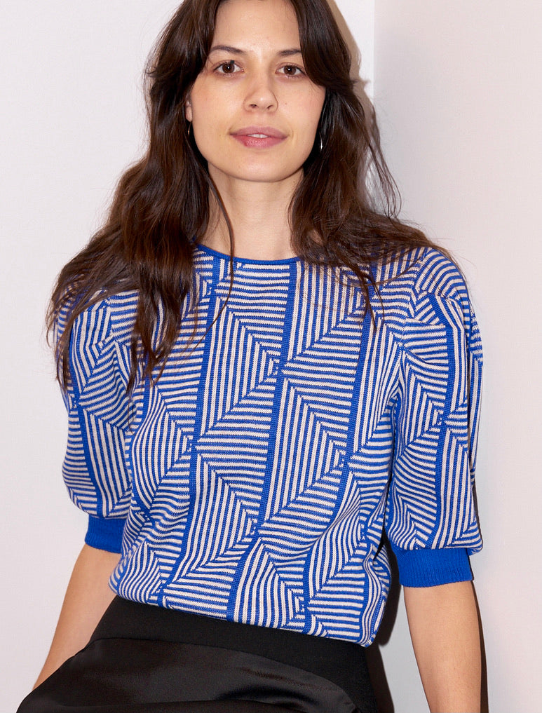 Loreza - Puff Sleeve Geometric Jacquard Sweater - Blue/Ecru