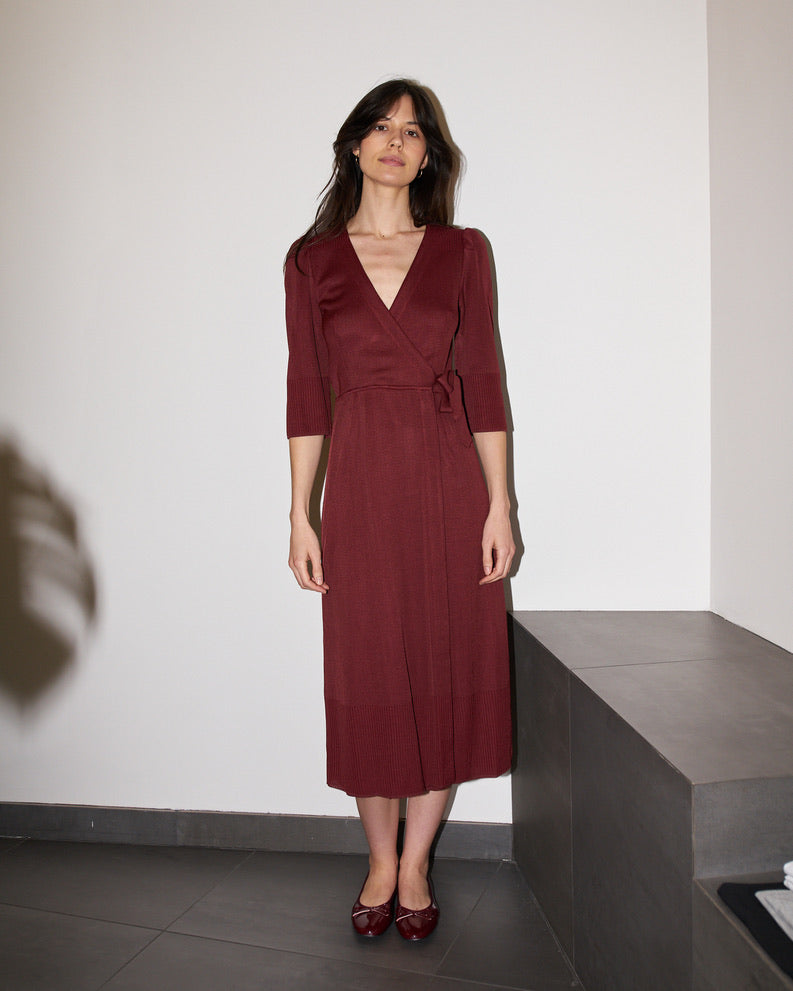 Arwaya - Silk Knit High Waist Wrap Dress - Dark Cherry