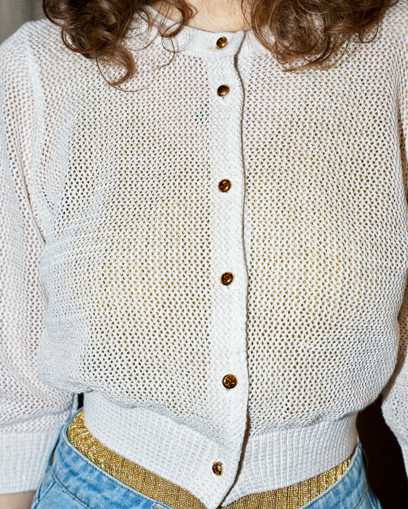 Orfea-Mesh Knit Crop Cardigan-Metallic Off White