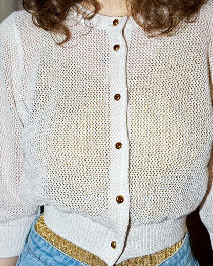 Orfea-Mesh Knit Crop Cardigan-Metallic Off White