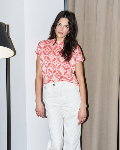 Eos-Flower Jacquard KnitTop with Button Down Back-Coral/White
