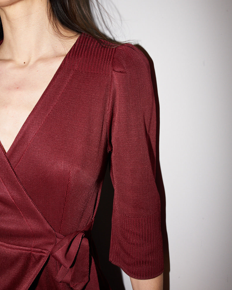 Arwaya - Silk Knit High Waist Wrap Dress - Dark Cherry