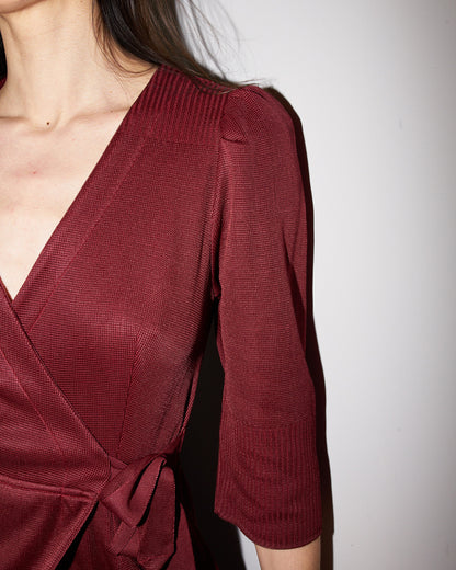 Arwaya - Silk Knit High Waist Wrap Dress - Dark Cherry