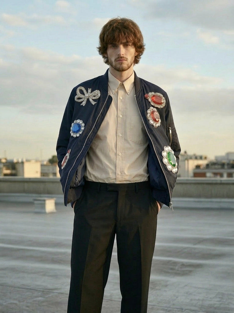Jason - Aviator Puffer Jacket with Jewel Print — Navy Blue