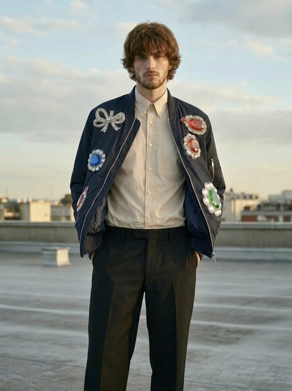Jason - Aviator Puffer Jacket with Jewel Print — Navy Blue