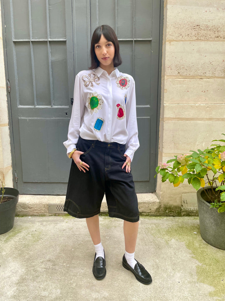 Adan - Jewel Print Oversized Silk Shirt - white