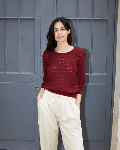 Sade - Texture Lace Knit light Sweater - Dark Cherry
