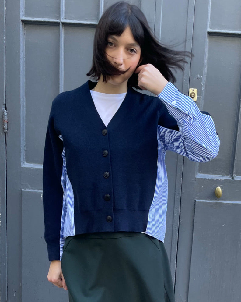 Calum - Hybrid Knit–Shirt Cardigan in Navy & Blue-White Stripe
