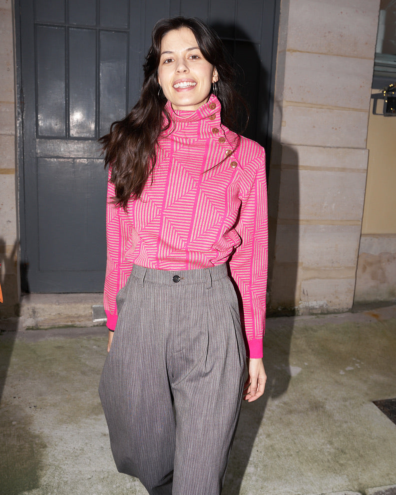 Lhara - Geometric Jacquard Turtle Neck Sweater - Pink