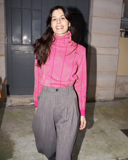 Lhara - Geometric Jacquard Turtle Neck Sweater - Pink