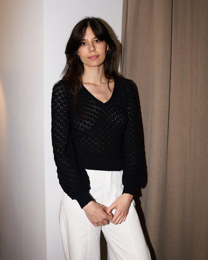 Skippy - Texture Lace Knit light Sweater - Black
