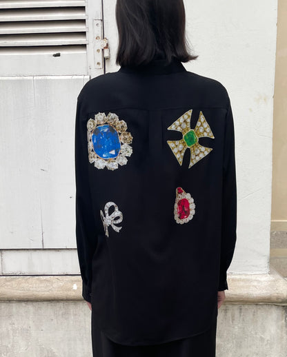 Adan - Jewel Print Oversized Silk Shirt - black