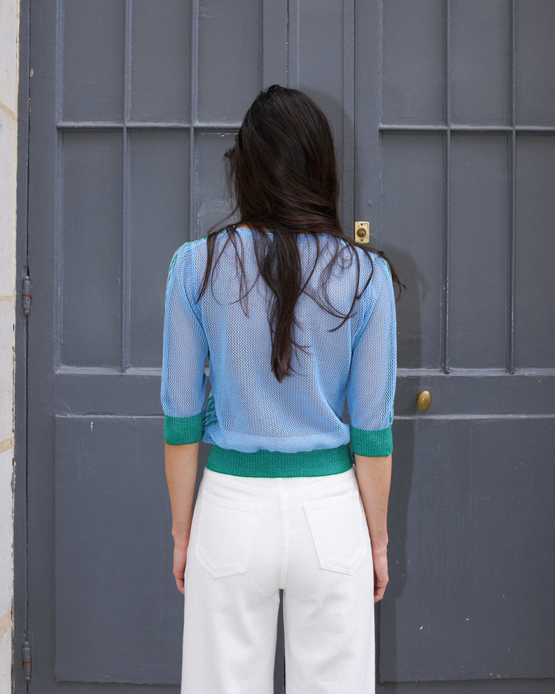 Slim - Wave Jacquard light Sweater - Green/Light Blue