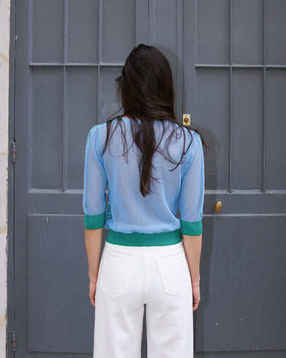 Slim - Wave Jacquard light Sweater - Green/Light Blue