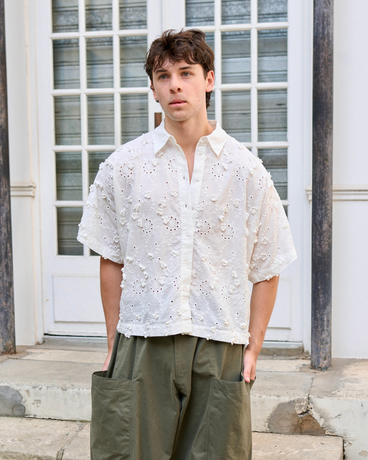 Felicity - Cropped Oversized Bat-Sleeve Shirt in Broderie Anglaise