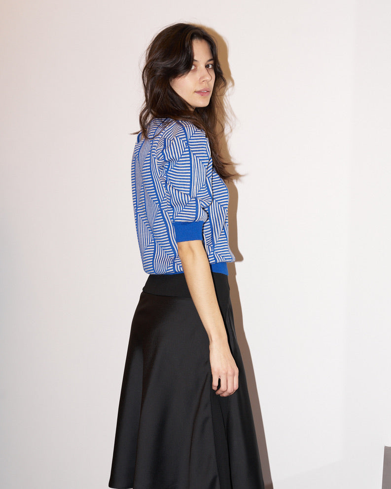 Loreza - Puff Sleeve Geometric Jacquard Sweater - Blue/Ecru
