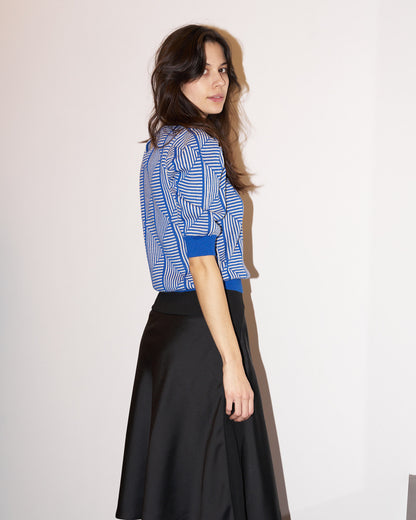Loreza - Puff Sleeve Geometric Jacquard Sweater - Blue/Ecru