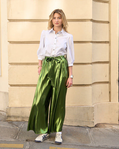 Dina - Silk Lamé Palazzo Pants - Green