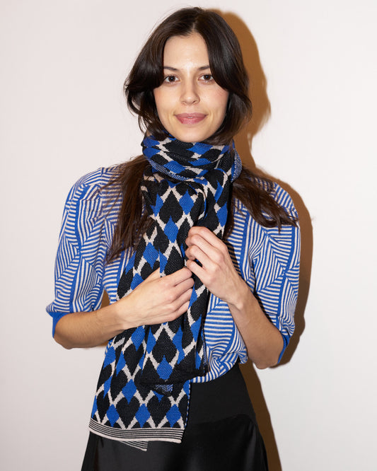 Mirri - Knitted Jacquard Scarf- Blue - F