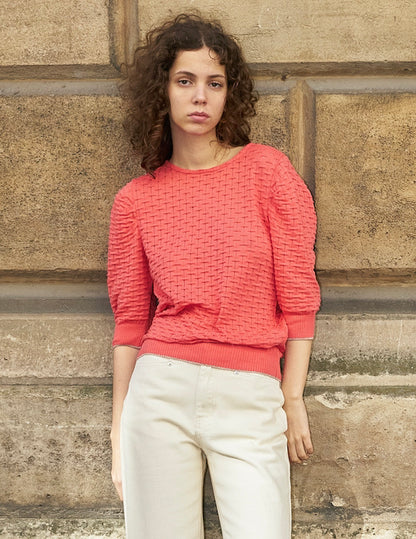 Phiphie-Puff Sleeve Textured Sweater-Coral