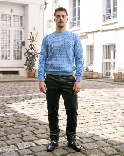 Bryce - Classic Fit Round Neck Basket Weave Knit Sweater - Light Blue