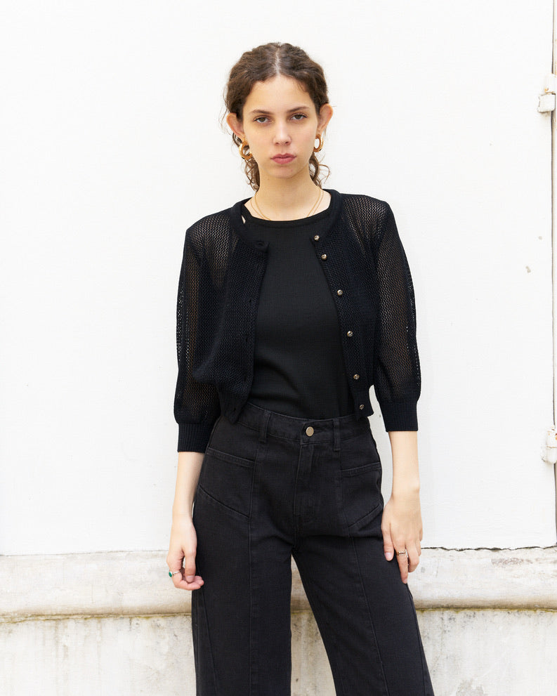 Orfea-Mesh Knit Crop Cardigan-Metallic Black