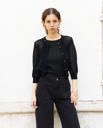 Orfea-Mesh Knit Crop Cardigan-Metallic Black