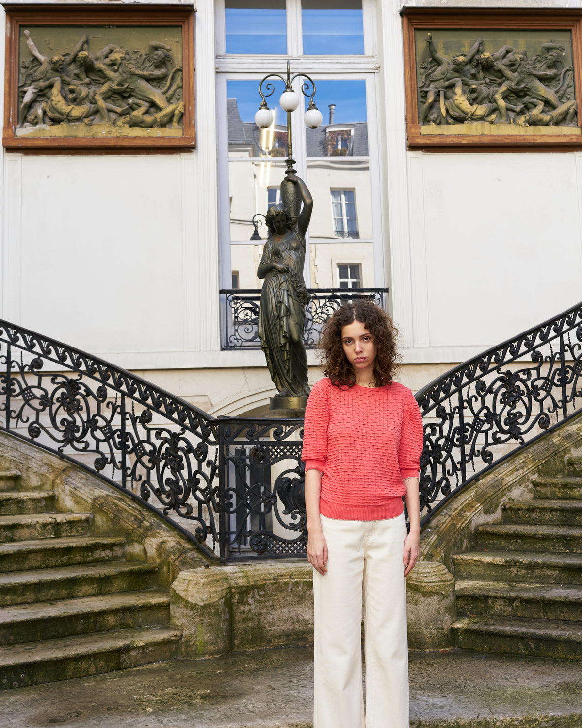 Phiphie-Puff Sleeve Textured Sweater-Coral