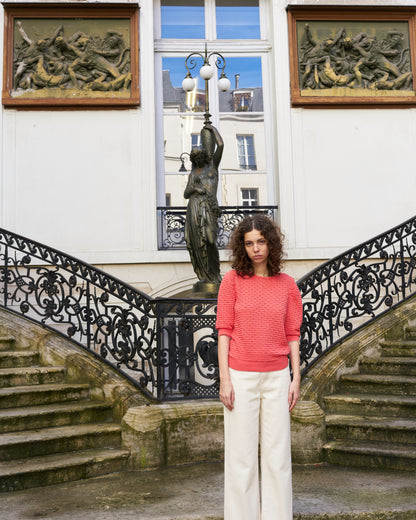 Phiphie-Puff Sleeve Textured Sweater-Coral