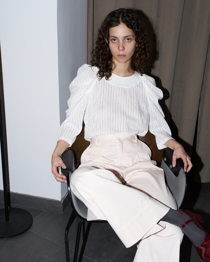 Uma - Pleated Sleeve Top - White on White Stripe