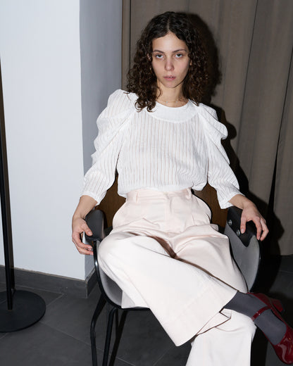 Uma - Pleated Sleeve Top - White on White Stripe