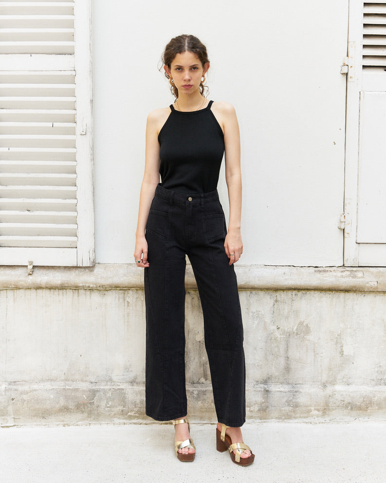 Nathy-Knitted Tank Top with Back Cut Outs-Black