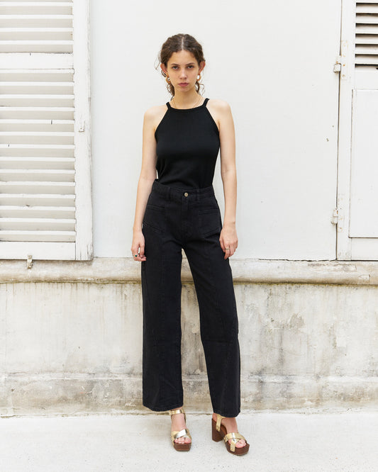 Nathy-Knitted Tank Top with Back Cut Outs-Black
