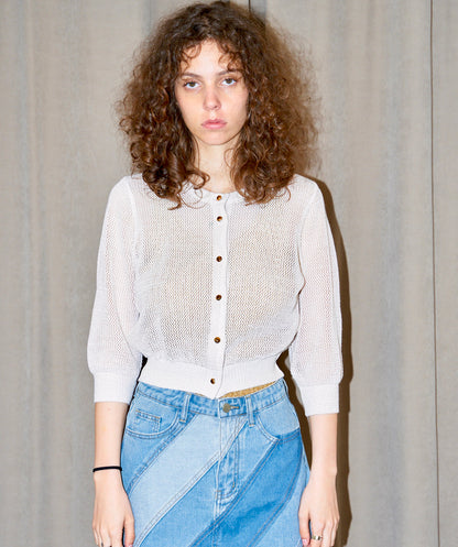 Orfea-Mesh Knit Crop Cardigan-Metallic Off White