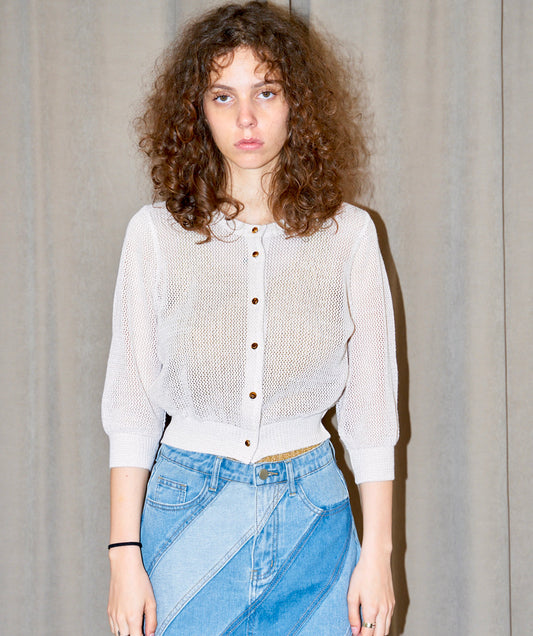 Orfea-Mesh Knit Crop Cardigan-Metallic Off White