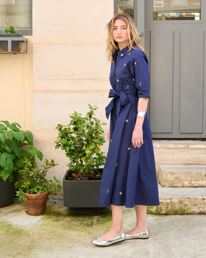 Gia - Crystal Embroidered Shirt Dress - Navy