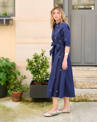 Gia - Crystal Embroidered Shirt Dress - Navy