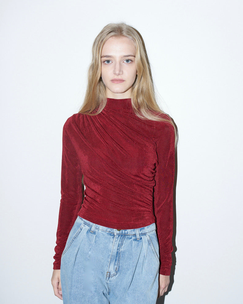 Lori - Ruched Asymmetrical Jersey Top - Cherry