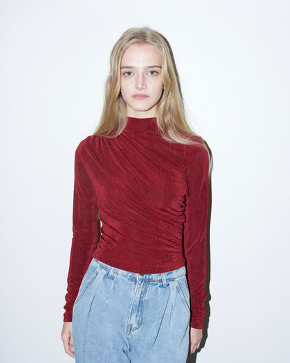 Lori - Ruched Asymmetrical Jersey Top - Cherry