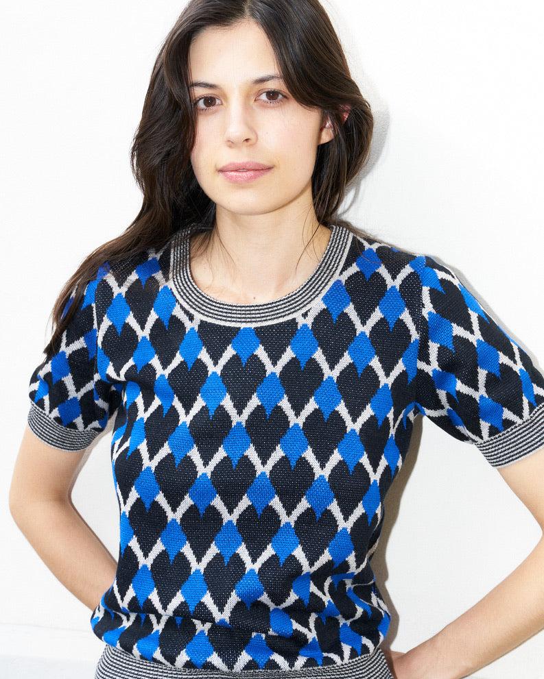 Meera-Graphic Jacquard Sweater With Short Sleeves-Blue/Cream/Black