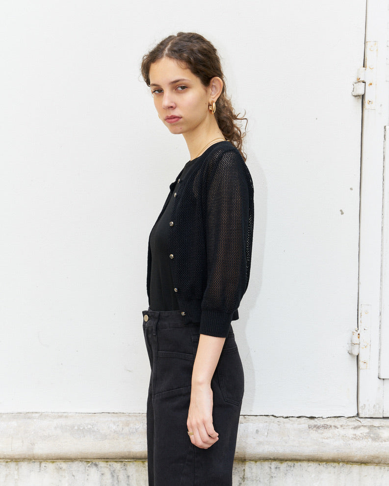 Orfea-Mesh Knit Crop Cardigan-Metallic Black