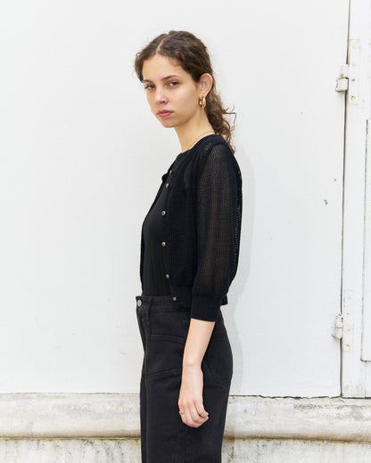 Orfea-Mesh Knit Crop Cardigan-Metallic Black