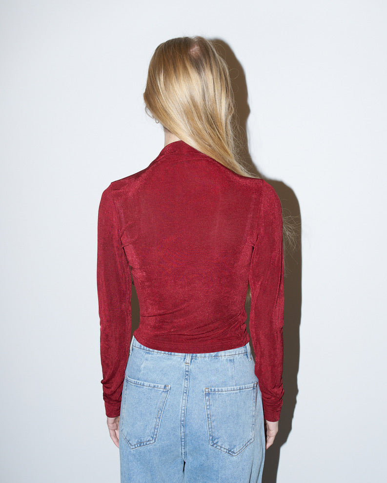 Lori - Ruched Asymmetrical Jersey Top - Cherry