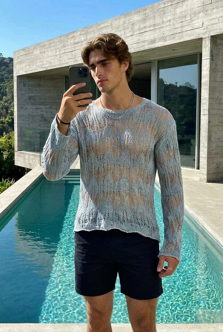 Jamie - Open Knit long sleeve sweater - Dusty Blue