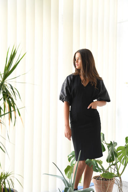 Talia - Constructed Crepe Dress with Brocade Balloon sleeves