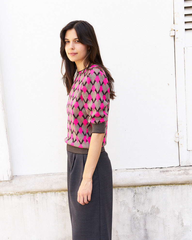 Margaery-Puff Sleeve Geometric Jacquard Sweater-Pink/Beige/Prune