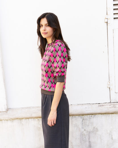 Margaery-Puff Sleeve Geometric Jacquard Sweater-Pink/Beige/Prune