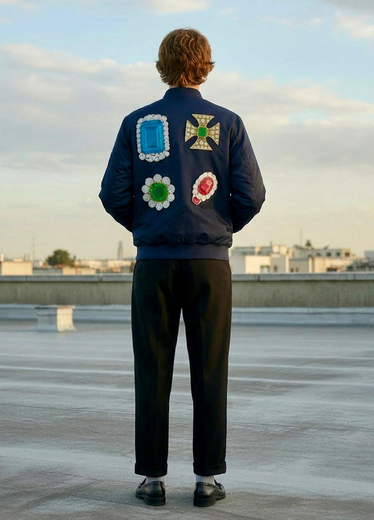 Jason - Aviator Puffer Jacket with Jewel Print — Navy Blue