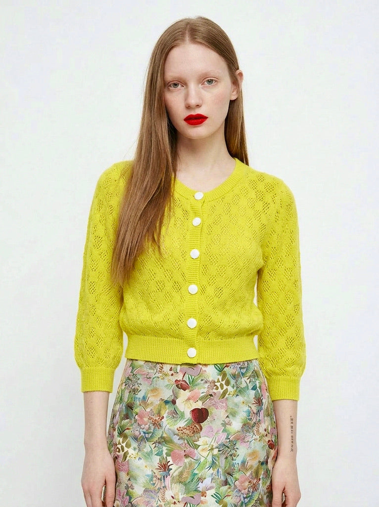 Orfea - Openwork Silk-Cotton Cropped Cardigan - Yellow